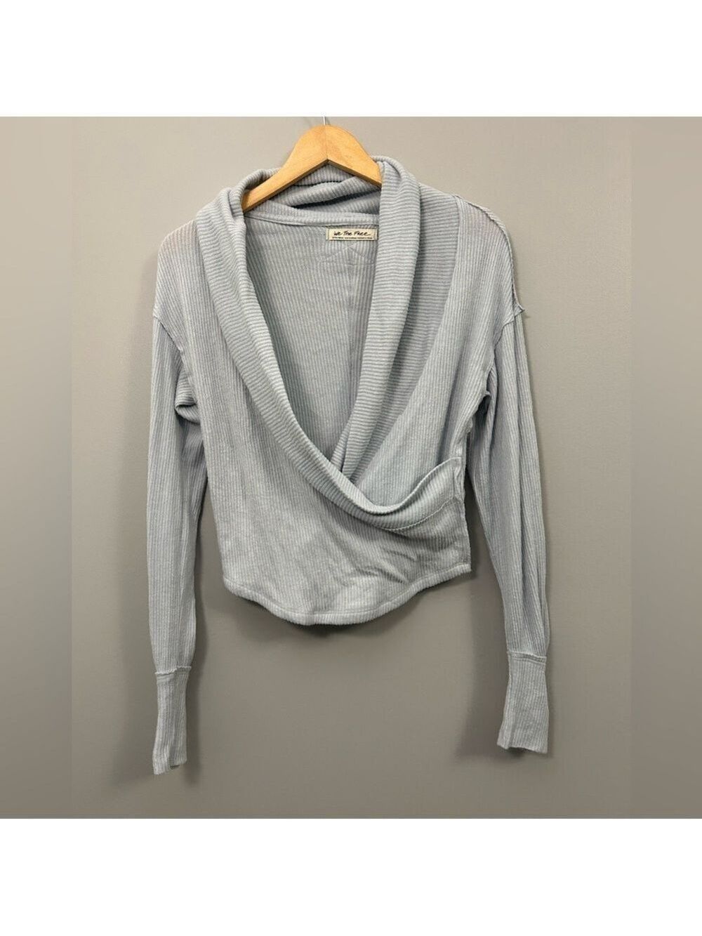 Free People Light Gray Ribbed Wrap-Front Long Sleeve Top